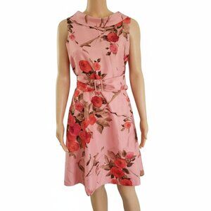 Positive Attitude Dress Sleeveless Belted Fully Lined Floral Coral Women Size 12